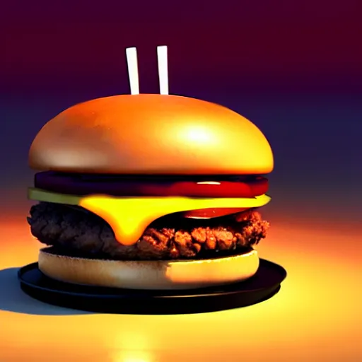 Image similar to a cat burger hybrid, with fries, volumetric lighting, 4 k