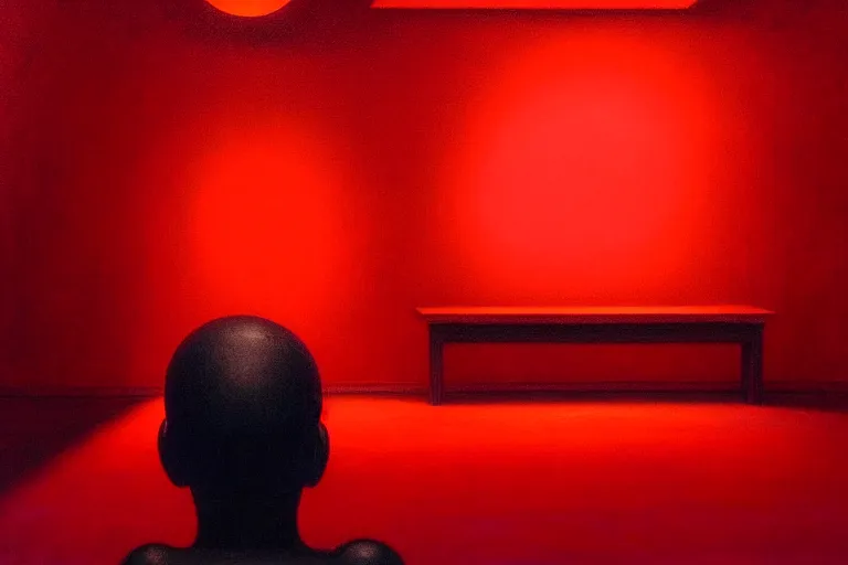 Prompt: only with red, netflix studios with workers, a big mickey mouse head in the middle of the room, in the style of beksinski, parts by edward hopper, parts by rodcenko, parts by yue minjun, intricate and epic composition, red by caravaggio, insanely quality, highly detailed, masterpiece, red light, artstation, 4 k