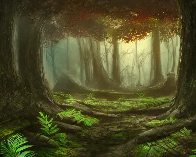 Image similar to deciduous forest in a humid subtropical climate, award winning fantasy concept art