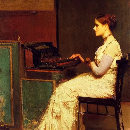 Image similar to painting of a woman contemplating a computer by john - joseph benjamin - constant