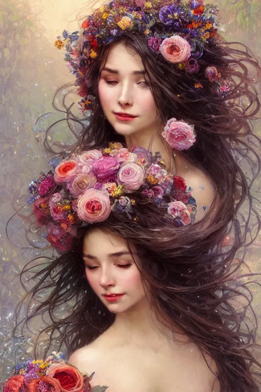 Image similar to portrait of a beautiful mysterious woman holding a bouquet of flowing flowers, wet dripping long hair, hands hidden under the bouquet, emerging from the water, fantasy, regal, intricate, by stanley artgerm lau, greg rutkowski, thomas kindkade, alphonse mucha, loish, norman rockwell