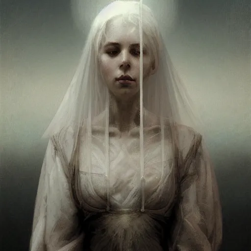 Prompt: portrait of a beautiful ethereal delicate roman catholic bishopress meditative sacral pose catholic stages of the cross, white hair, intricate, elegant, highly detailed, digital painting, artstation, concept art, smooth, sharp focus, illustration, art by krenz cushart and artem demura and alphonse mucha