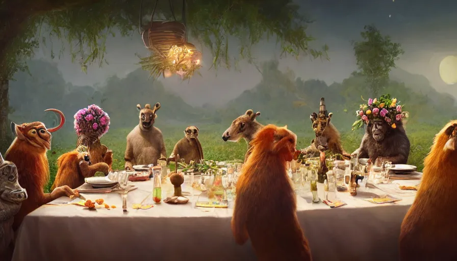 Image similar to a table dinner of exotic animals where animals are dressed like the characters from the midsommar movie wearing flowers, realistic detailed digital art by maxwell boas jessica rossier christian dimitrov anton fadeev trending on artstation cgsociety rendered in unreal engine 4 k hq