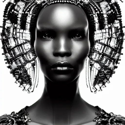 Image similar to portrait of an absurdly beautiful, graceful, sophisticated, fashionable black cyberpunk mechanoid gravure idol, ultrafine hyperdetailed illustration by irakli nadar, alek wek, matt wisniewski style, intricate linework, ebony skin, neon jellyfish headdress, ivory carved ruff, unreal engine 5 highly rendered, global illumination, radiant light, detailed and intricate environment