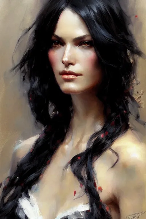 Prompt: pretty woman, flowing black hair, painting by daniel gerhartz, alphonse murac, detailed art, artstation