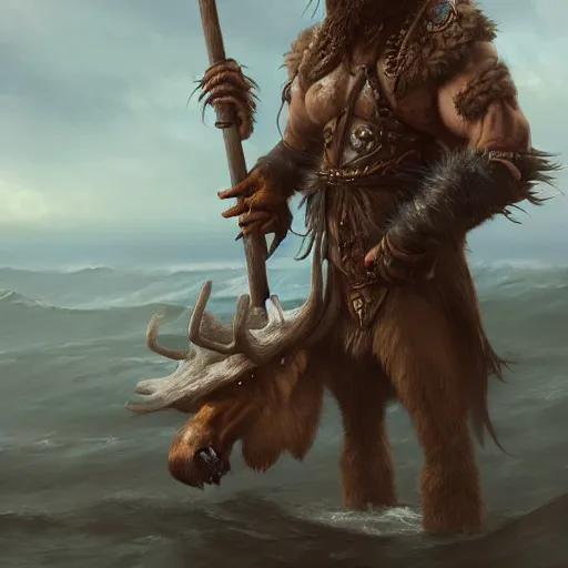 Image similar to anthropomorphic moose barbarian humanoid by wlop, pirate ship, sea, fantasy