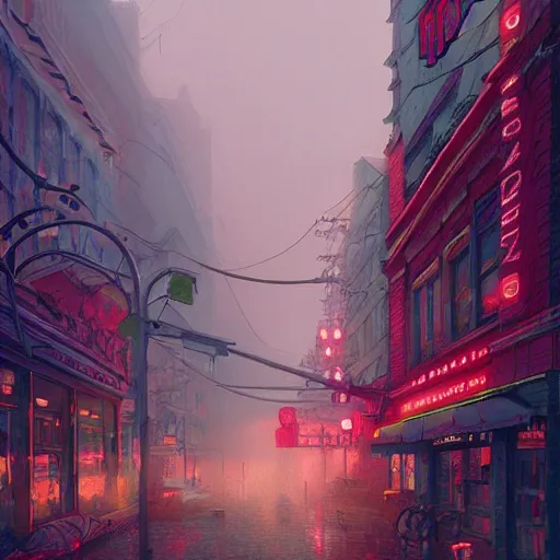 Image similar to movie scene of a downtown, lviv, a very misty day, a neon sign, by ian mcque ferdinand knab, makoto shinkai and lois van baarle, artgerm, pixar, ilya kuvshinov,, tom bagshaw, global illumination