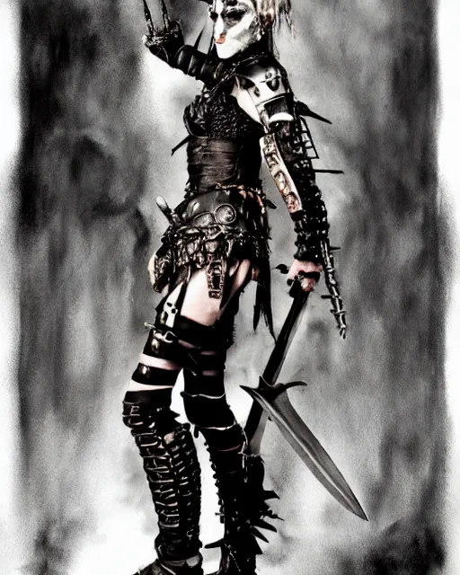 Prompt: portrait of a skinny punk goth warrior wearing armor by simon bisley, fantasy, barbarian, hardcore