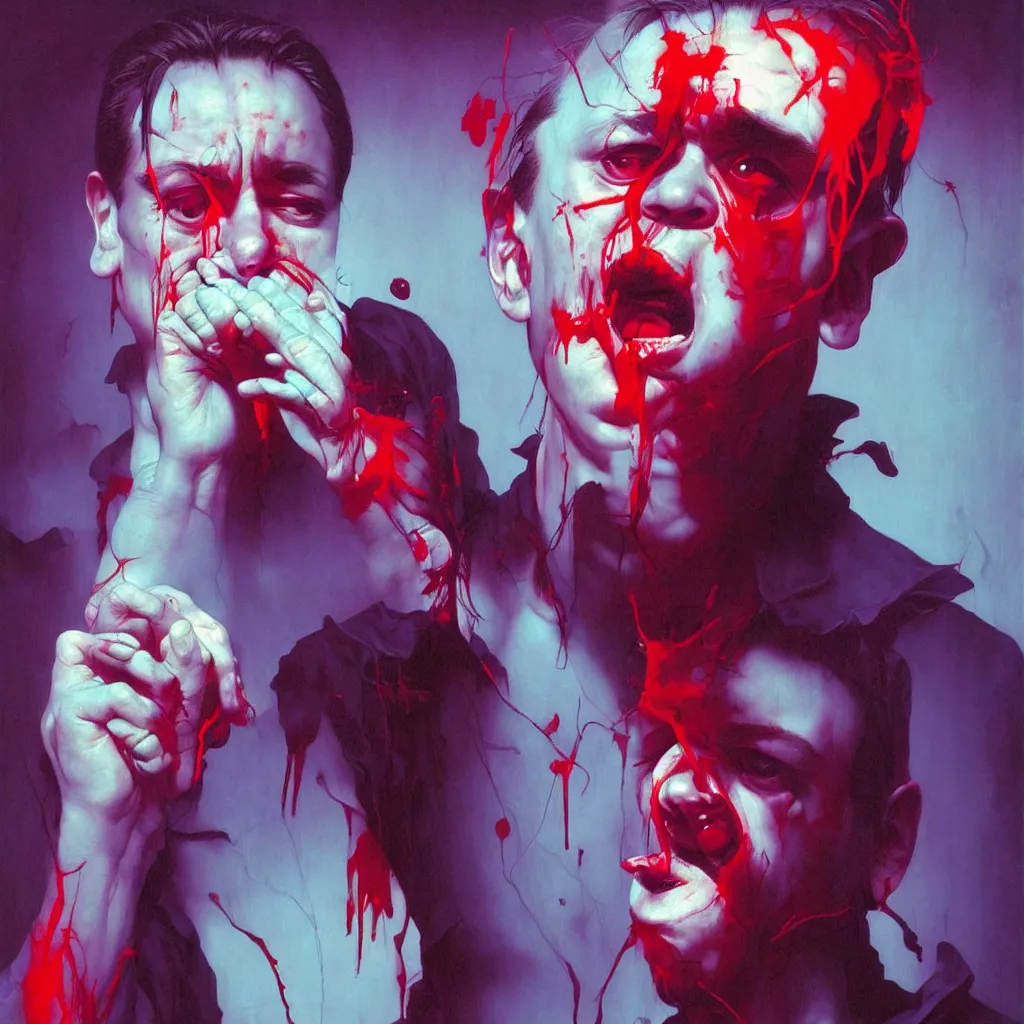 Image similar to weird and disturbing portrait of mike patton puking blood, vivid colors, death, neon, art by ( ( ( kuvshinov ilya ) ) ) and wayne barlowe and francis bacon and artgerm and wlop and william - adolphe bouguereau