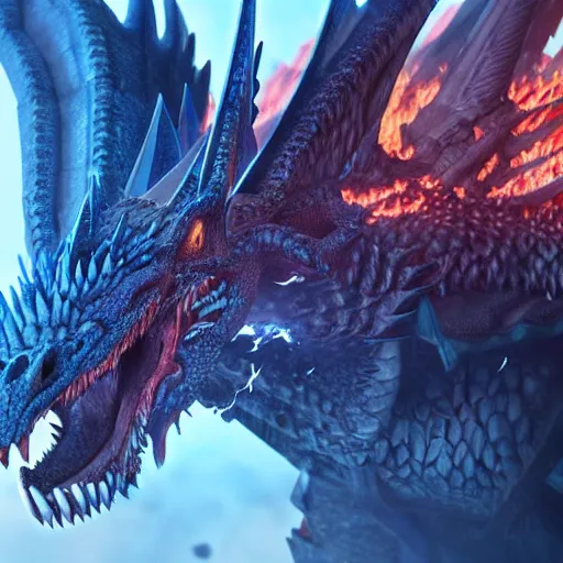 Image similar to perfectly accurate cobalt colored dragon from game of thrones breathing fire in winter, fine detail, lifelike, photo, high resolution, octane render, post processing, after effects, trending on artstation