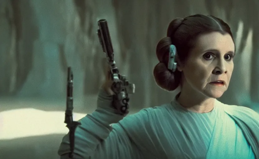 Image similar to screenshot portrait of Princess Leia alone in a teal Temple scene from the last jedi, 1980s film by Stanley Kubrick, 4k serene, iconic , photoreal portrait Carrie fischer, detailed face, moody lighting stunning cinematography, hyper detailed, sharp, anamorphic lenses, kodak color film