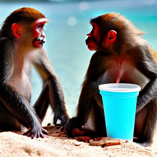 Image similar to two monkeys sipping ice coffee at a beach in the Caribbean