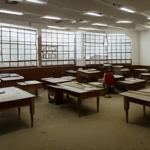 Image similar to wide angle shot of an abandoned computer lab from the 1 9 5 0 s