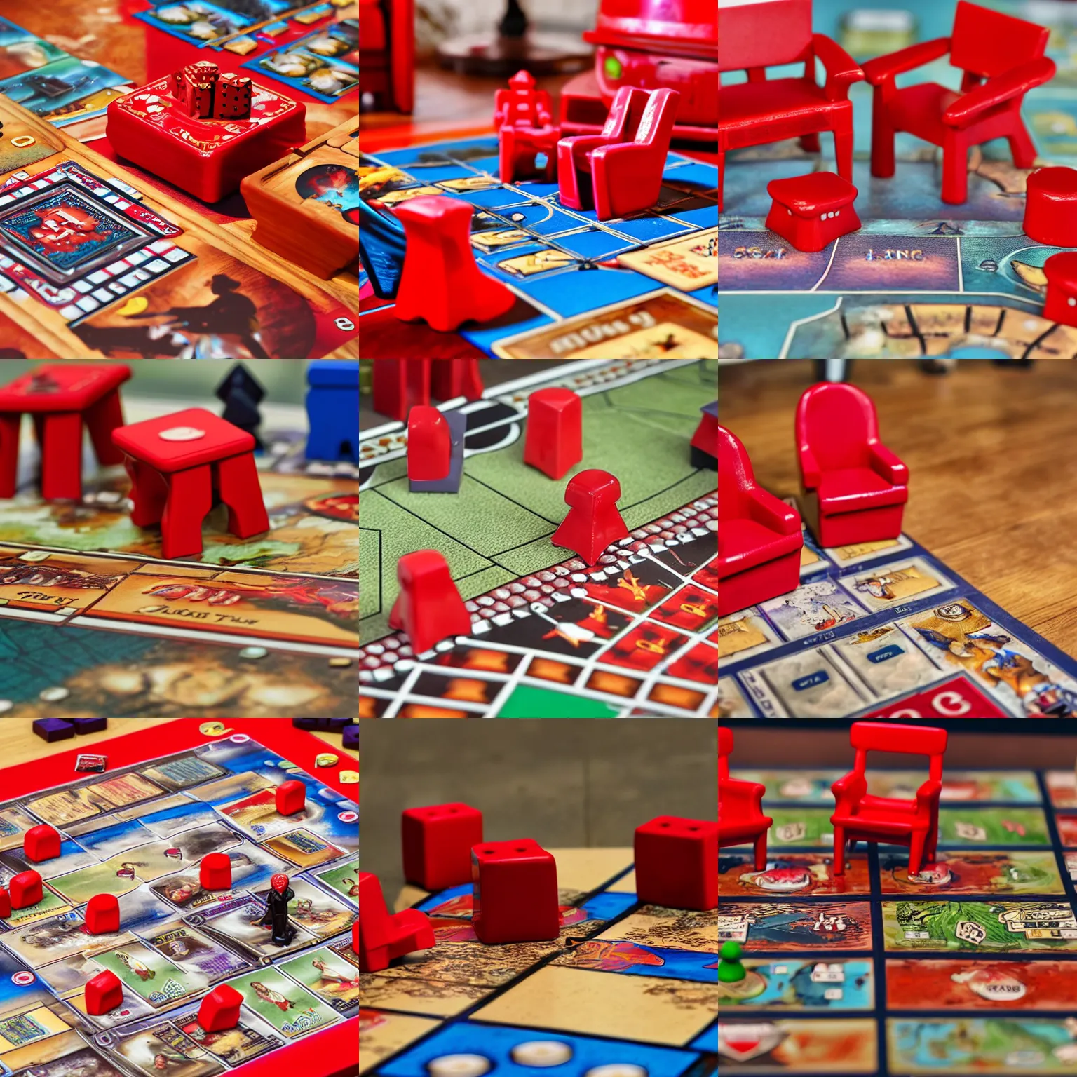 Prompt: board game with celebrating figures and red chairs macro photo