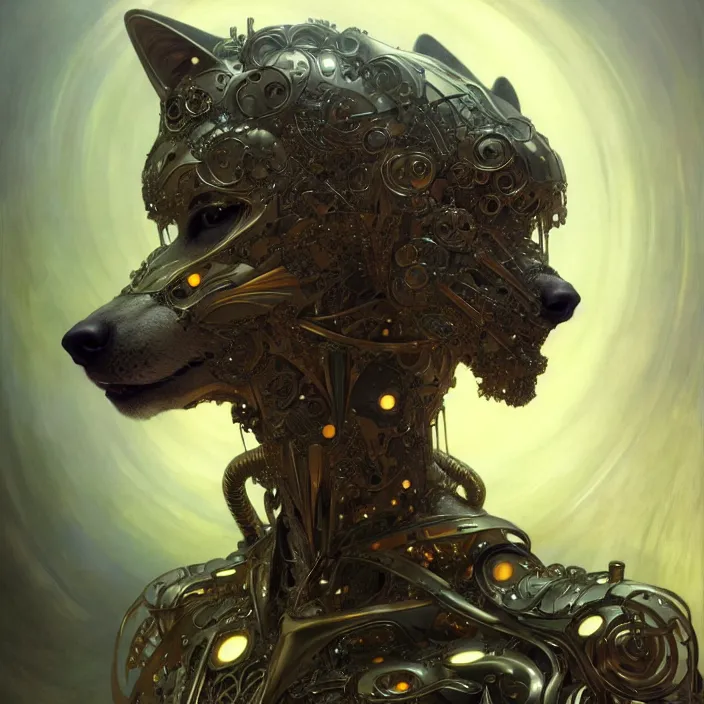 Image similar to organic cyborg, anthropomorphic wolf, diffuse lighting, fantasy, intricate, elegant, highly detailed, lifelike, photorealistic, digital painting, artstation, illustration, concept art, smooth, sharp focus, art by John Collier and Albert Aublet and Krenz Cushart and Artem Demura and Alphonse Mucha