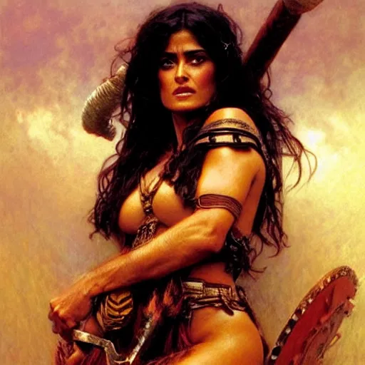 Prompt: salma hayek as a barbarian warrior, painting by gaston bussiere, craig mullins, greg rutkowski, alphonse mucha