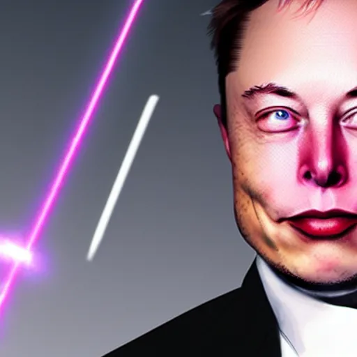 Image similar to elon musk as a super villain with lasers coming out of his eyes