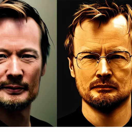 Image similar to Hideo Kojima and Christopher Nolan as Jesse Pinkman and Walter White matte paint portrait