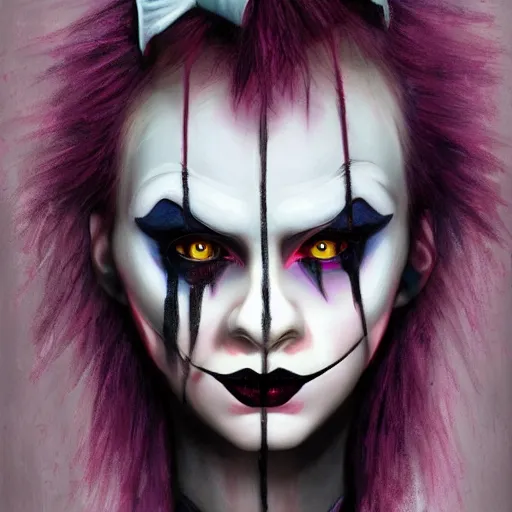 Prompt: goth clown girl, painting, highly detailed, artstation, realistic, beautiful, attractive