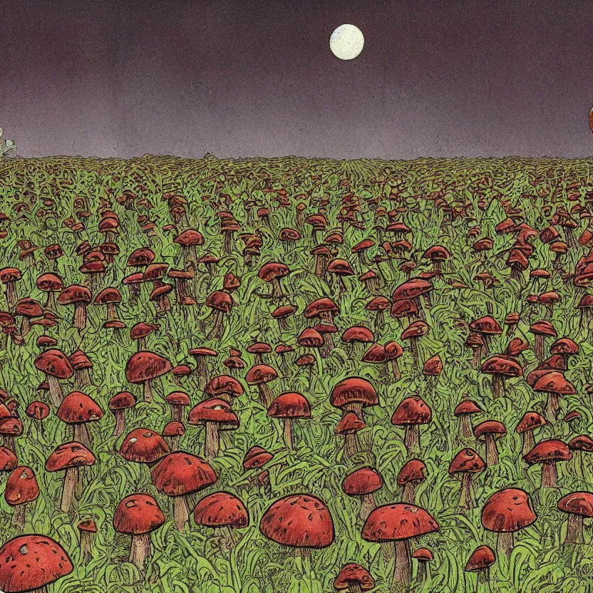 Prompt: a mushroom field with eyes, illustrated for a science fiction novel. by don ivan punchatz