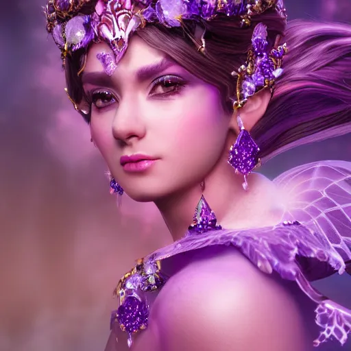 Image similar to portrait princess of amethyst, glowing, ornate and intricate purple jewelry, jaw dropping beauty, glowing background lighting, purple accent lighting, hyper detailed, fairy tale, 4 k octane render