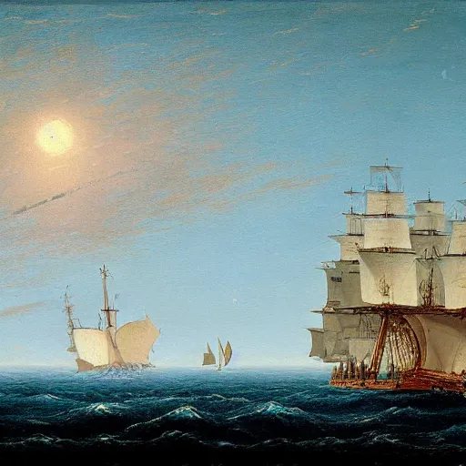Image similar to clouds made out of the universe with luminous skies and a ship sailing in the distance, fitz Henry lane, painting, detailed