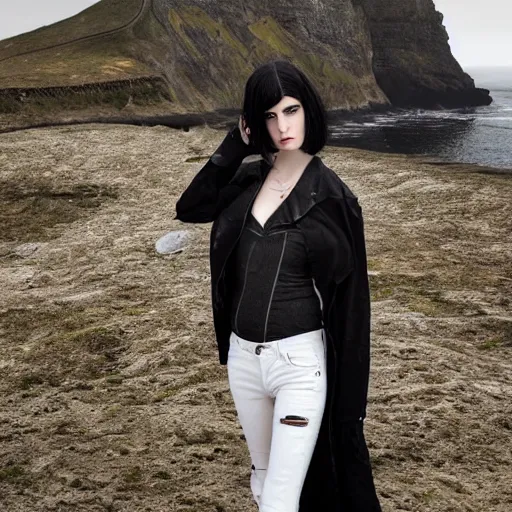 Image similar to 1 7 - year - old pale - skinned persian girl with black long bob cut, long hair, black gothic jacket, blue jeans, psychic girl, psychokinetic girl, standing on cliff along the irish coast, overcast gray skies, ultra - realistic, sharp details, subsurface scattering, intricate details, cold lighting, highly detailed, photorealistic, octane render, 8 k unreal engine