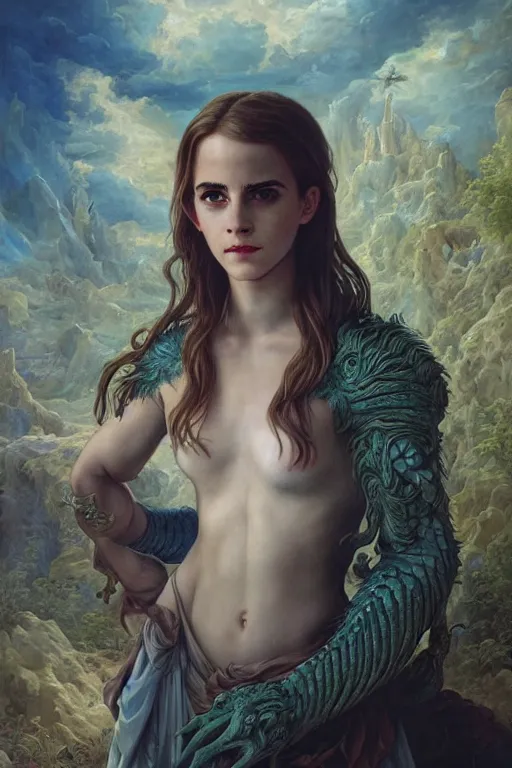 Prompt: A fantasy comic book style portrait painting of Emma Watson, hybrid, as an Atlantean Reptilian Warrior, François Boucher, Oil Painting, Mystical Valkyrie, unreal 5, DAZ, hyperrealistic, octane render, Regal, Refined, Detailed Digital Art, RPG portrait, William-Adolphe Bouguereau, Michael Cheval, Walt Disney (1937), Steampunk, dynamic lighting, Highly Detailed, Cinematic Lighting, Unreal Engine, 8k, HD