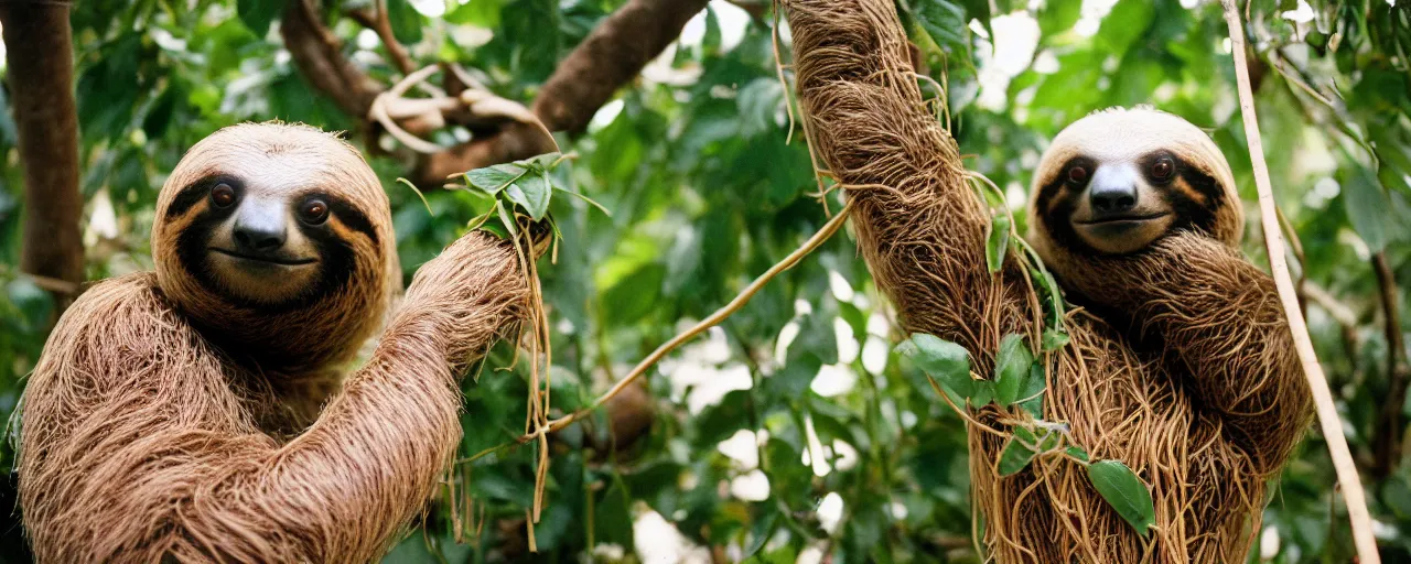 Image similar to a sloth eating spaghetti off a tree, in the style of wes anderson, canon 5 0 mm, kodachrome, retro