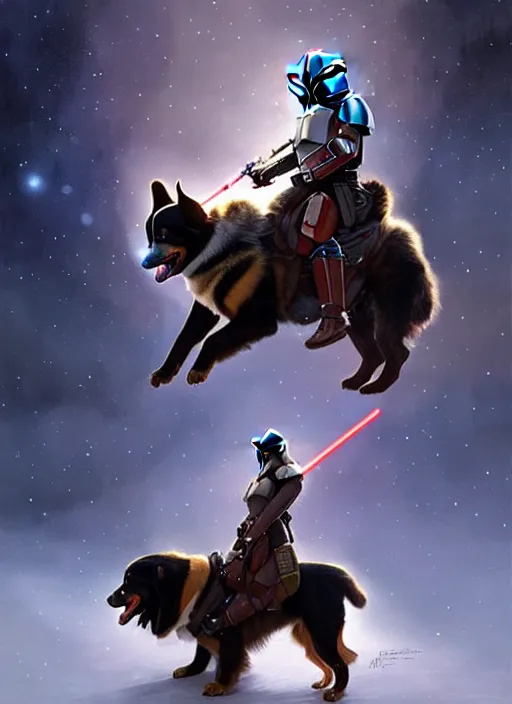 Prompt: mandalorian riding a bernese montain dog, realistic, star wars, beautiful glowing lights, sci - fi, stunning, intricate, elegant. highly detailed, digital painting. artstation. smooth. sharp focus. illustration. art by artgerm and greg rutkowski and alphonse mucha