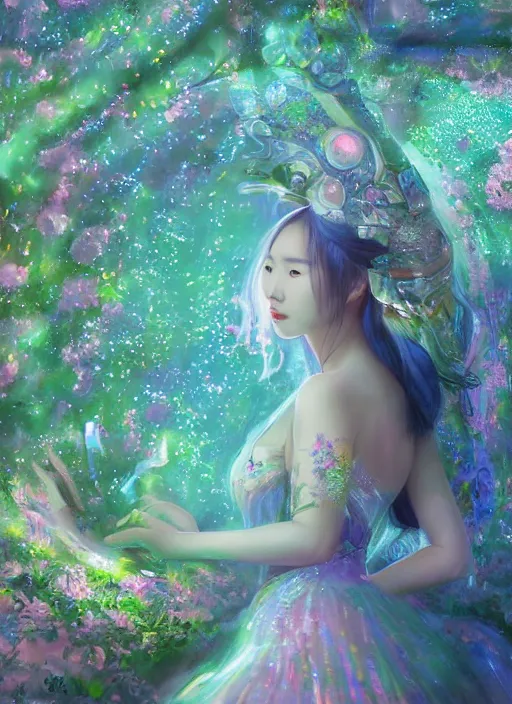 Image similar to portrait of IU Lee Ji-Eun as a Celestial Goddess of a futuristic pearlescent holographic, inside future fighter, sci-fi, fantasy, intricate, lush garden spaceship with sakura season flowers in Kyoto Japan, elegant, human anatomy, royal green and nature light, highly detailed, digital painting, artstation, concept art, smooth, sharp focus, illustration, art by tian zi and WLOP and alphonse mucha, masterpiece, 3d blender