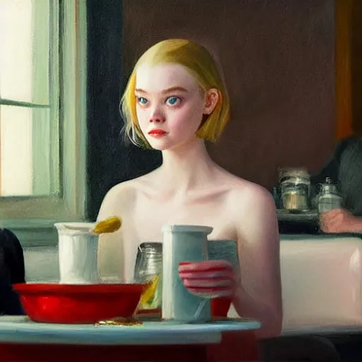 Image similar to Elle Fanning at a diner, head and shoulders portrait, stormy weather, extremely detailed masterpiece, Roger Deakin’s cinematography, oil on canvas, Edward Hopper,