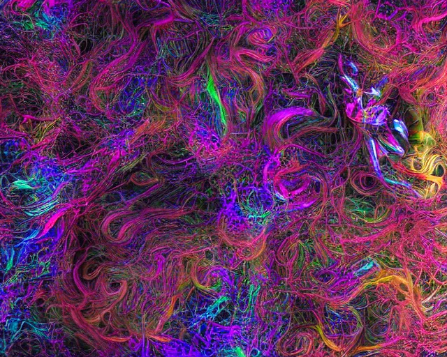 Prompt: complex beings, beautiful hairy, ornate hair, love, joy, vortexes, large arrays data holograms, 8 k, ultra hd, light shadows, wet hdr refractions, *, * * *, * * * * *