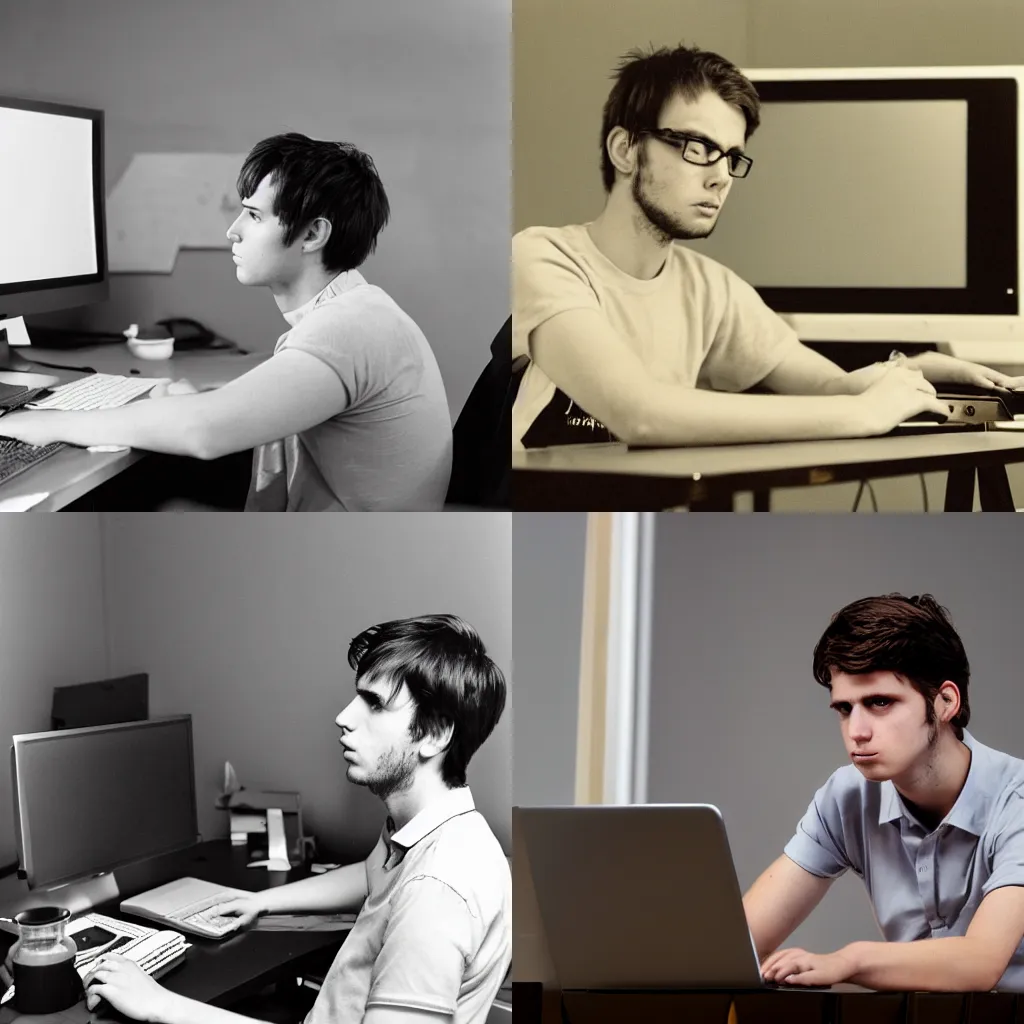 Prompt: angry young programmer man with brown hair sitting at a computer, looking at camera, 35mm photograph,