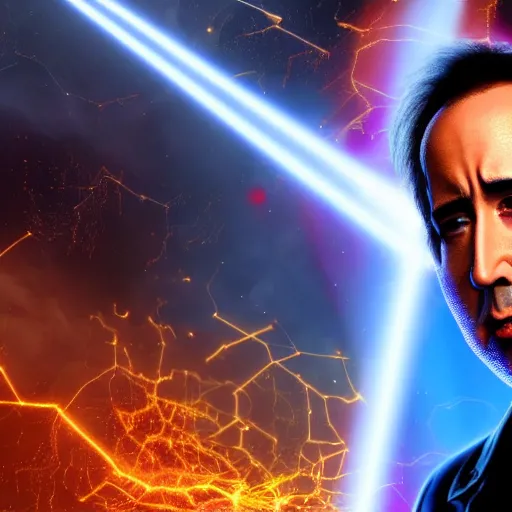 Image similar to Nicolas Cage is ultra fast blazing lasers, epic scenery, dramatic lights, dynamic laser beams, ultra realistic, hyperrealism, octane render, 8k, super sharp, crisp edges, smooth symmetrical face, golden ratio, 16k,