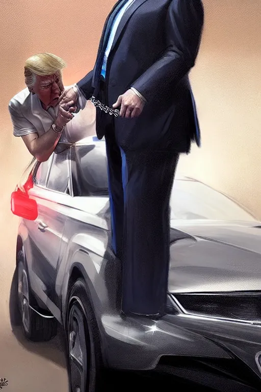 Prompt: donald trump being handcuffed in front of a police car, elegant, real life skin, intricate, high detailed, artstation, concept art, smooth, sharp focus, art by artgerm and greg rutkowski