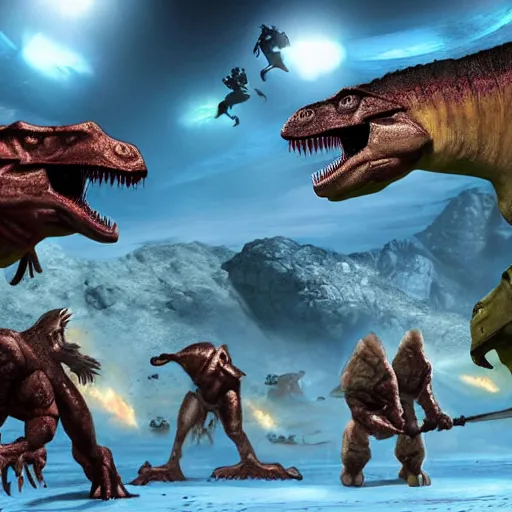 Image similar to dinoasaurs vs Elites from halo, large battle, fantasy