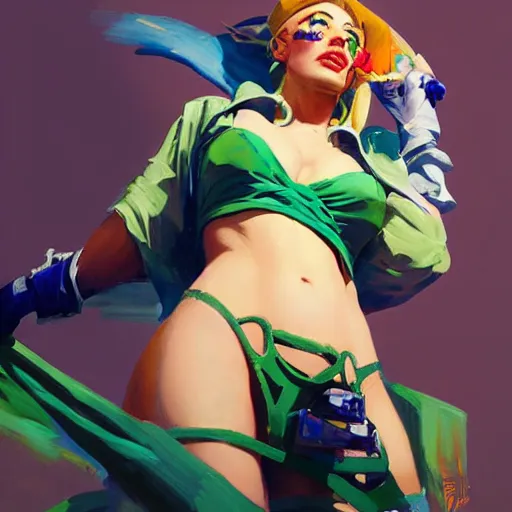 Image similar to greg manchess painting of jolyne kujo as an overwatch character, profile picture, matte painting, bold shapes, hard edges, street art, trending on artstation, by huang guangjian and gil elvgren and sachin teng