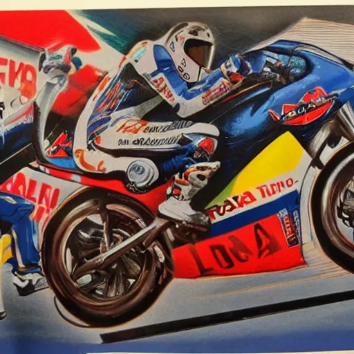 Image similar to photorealistic picture, by bob peak and alex ross, moto gp ads in 1 9 9 0 s, gouache and wash paints, fine details, fine intricate, fine facial proportionate, fine body proportionate, fine fix broken line, fine fix duplicate line, smooth shar focus, sharp focus