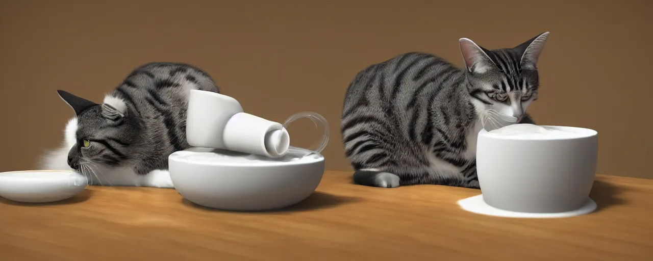 Image similar to a cat is drinking milk in a bowl, there is a book next to the cat, octane render,-H 704