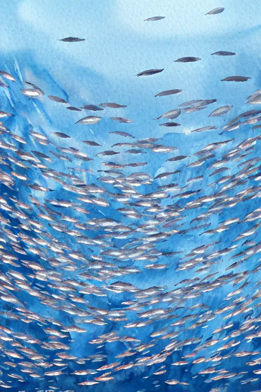 Image similar to a beautiful watercolour on 3 0 0 gsm paper of a school of mackerel, 8 k, frostbite 3 engine, cryengine, dof, trending on artstation, digital art, crepuscular ray