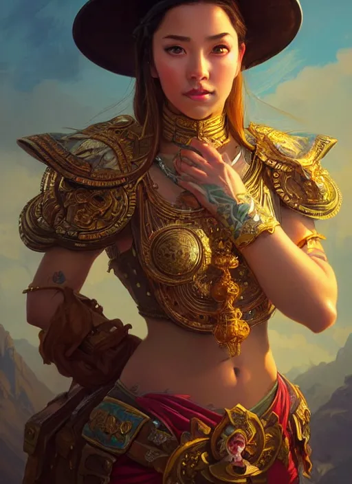 Image similar to portrait of russian mexican asian girl jodhpurs hyperborea lemuria, deep focus, d & d, fantasy, intricate, elegant, highly detailed, digital painting, artstation, concept art, matte, sharp focus, illustration, hearthstone, art by rhads by artgerm and greg rutkowski and alphonse mucha