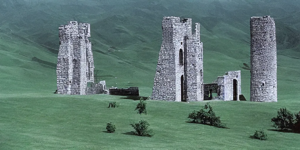 Image similar to A full color still from a Stanley Kubrick film featuring a a large black tower made of stone in a green valley, 35mm, 1975