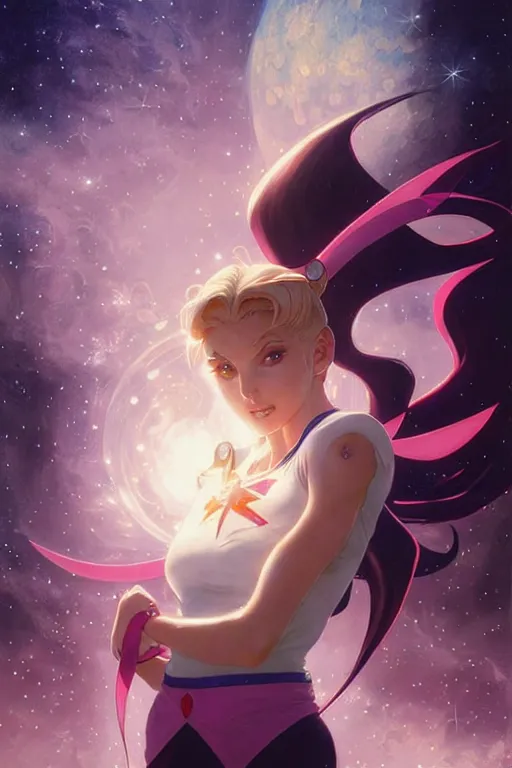 Prompt: aeon flux as sailor moon picture by Greg Rutkowski, pastels, stars, dynamic pose, matte painting, intricate, fantasy concept art, elegant, by Stanley Artgerm Lau, WLOP, golden ratio, thomas kindkade, alphonse mucha, loish, Peter chung, norman Rockwell,