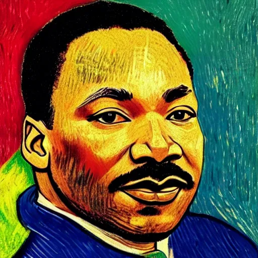 Image similar to an artistic portrait of martin luther king, smiling, high quality, studio photography, colorful, hero, heroic, beautiful, in the style of vincent van gogh