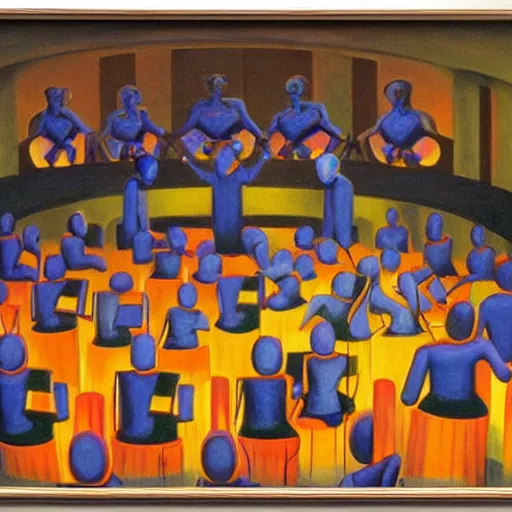 Image similar to robotic choir in an amphitheater, pj crook, grant wood, edward hopper, syd mead, chiaroscuro, oil on canvas