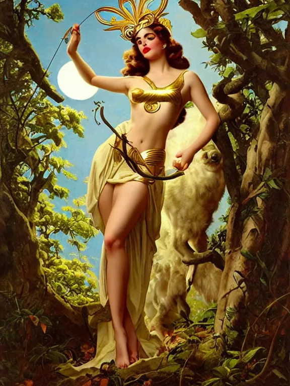 Prompt: Ana de armas as Artemis the Greek goddess of the hunt, a beautiful art nouveau portrait by Gil elvgren, Moonlit forest environment, centered composition, defined features, golden ratio, golden jewelry, sheer, unarmed