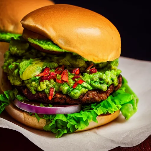 Image similar to juicy vegan hamburger topped with guacamole and fried onion and a vegan fried egg, crispy buns, 8 k resolution, professional food photography, studio lighting, sharp focus, hyper - detailed