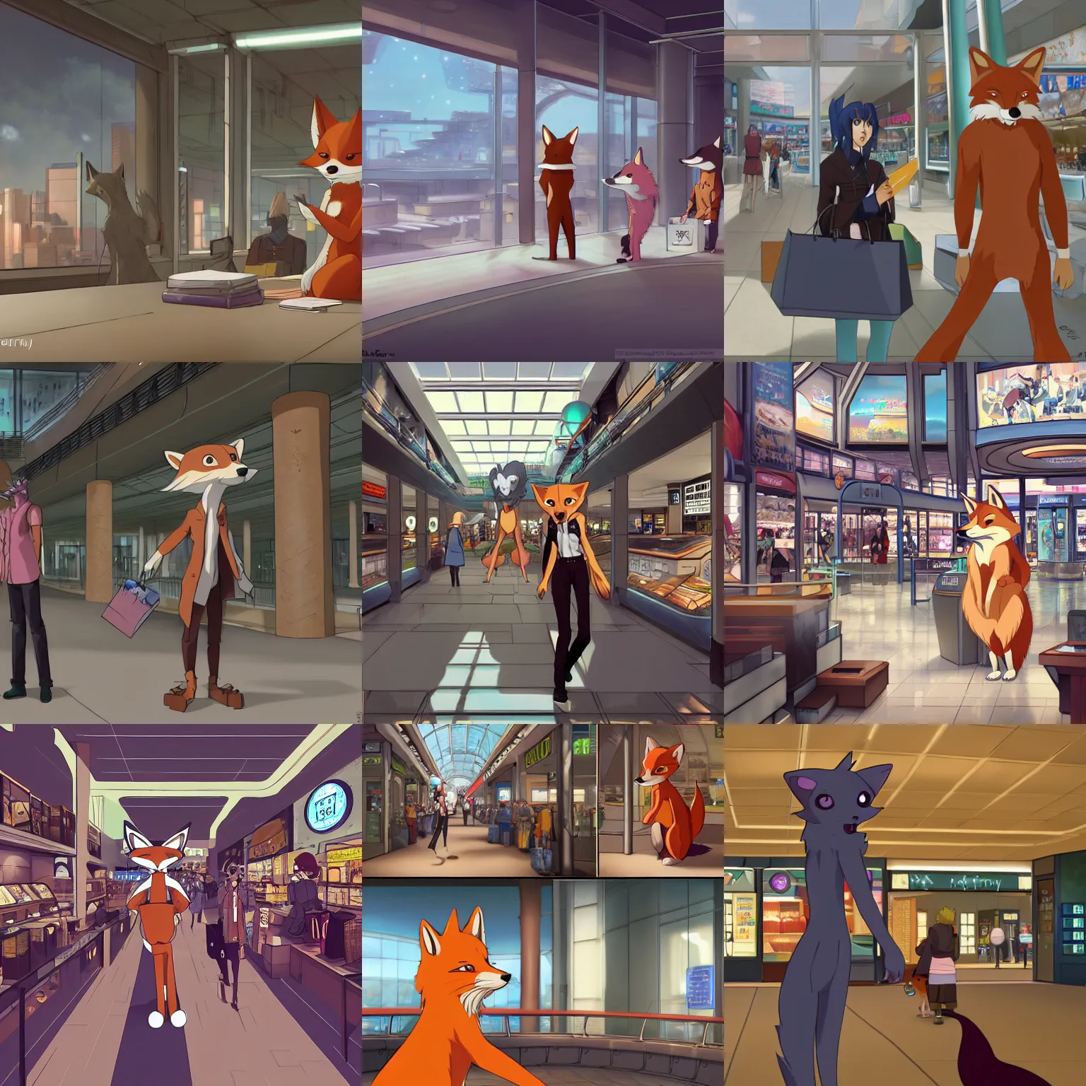 Prompt: an anthropomorphic furry fox shopping at a futuristic mall, photorealistic, anime, makoto shinkai, james gurney, don! bluth!, hibbary, dark natasha, goldenwolf, furaffinity