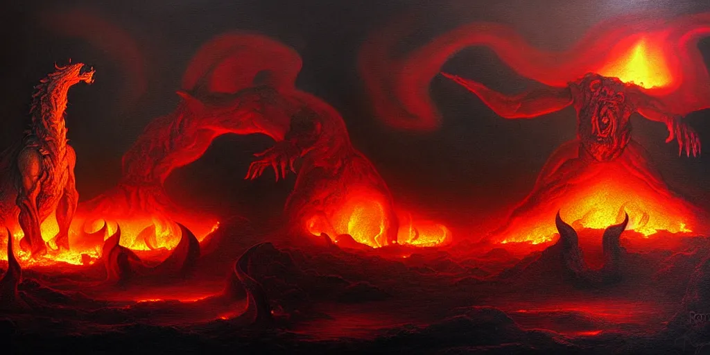 Prompt: mythical creatures and monsters at the mouth of hell, dramatic lighting glow from giant fire, in a dark surreal painting by ronny khalil